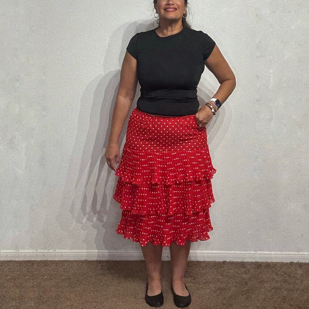 Vintage Red White Polka Dot Tiered Ruffle Midi Cottagecore Skirt Sz 16